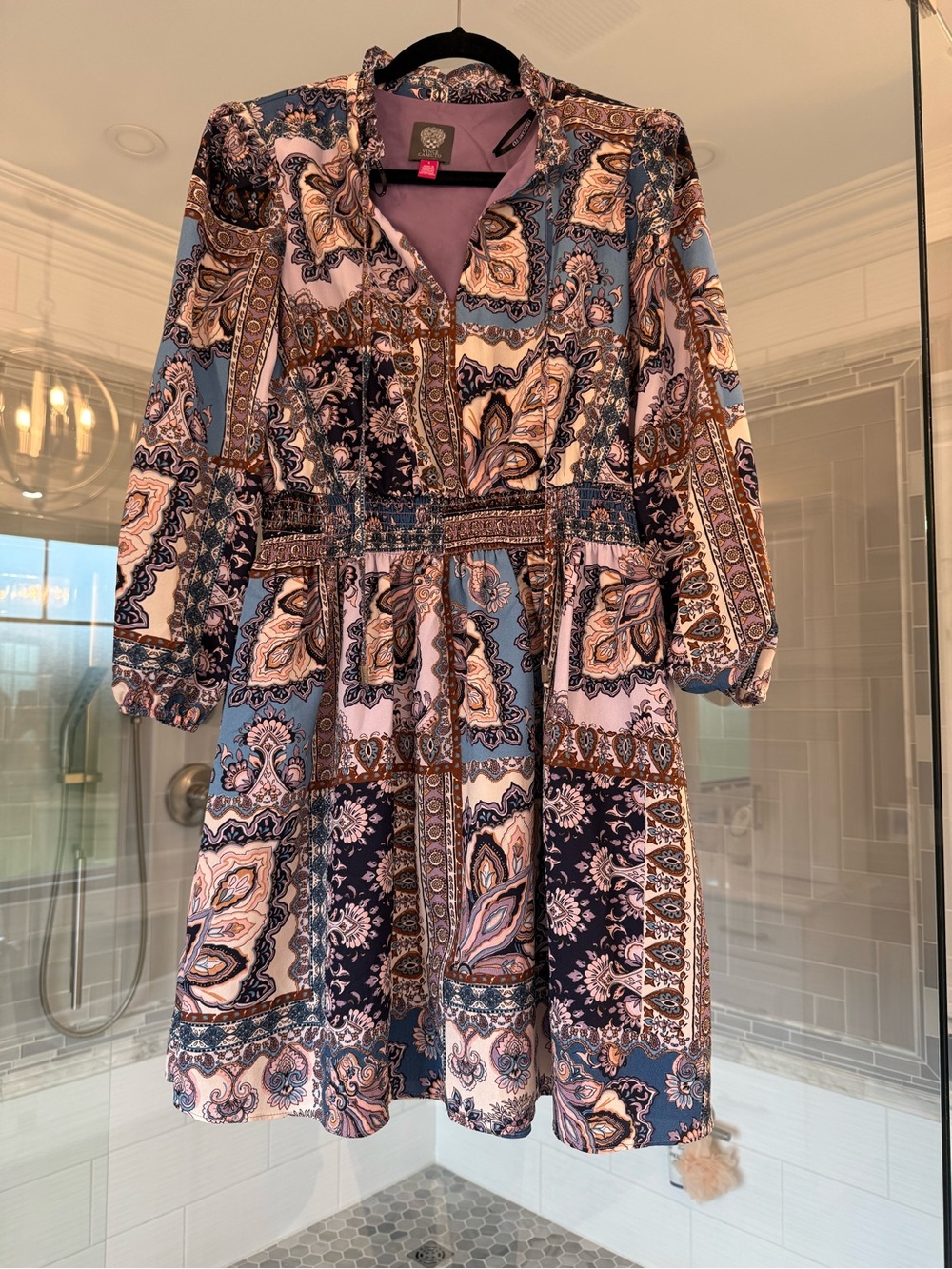 Vince Camuto Long Sleeve Paisley Patchwork Dress — Blue & Pink